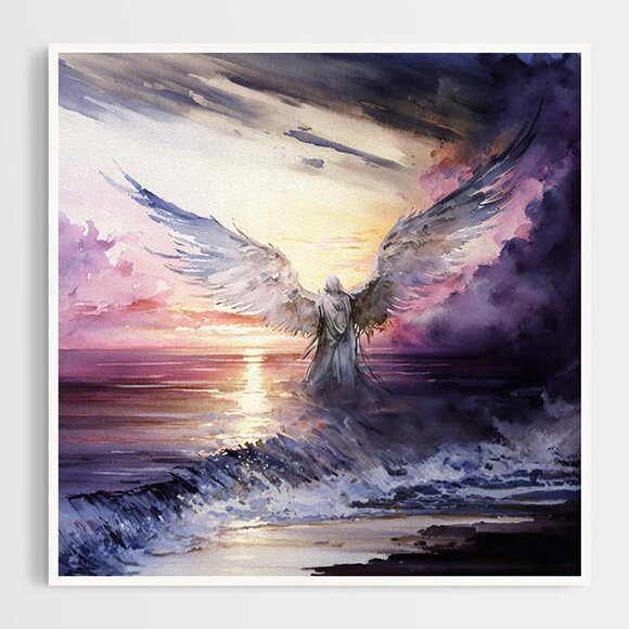 NobleCaptures Other - 8x8 Angel Over the‎ Ocean Watercolor Art Oil Painting Print